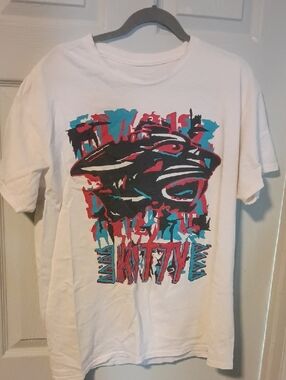 White Graphic Men's T-Shirt with Black, Teal & Red Panther Design